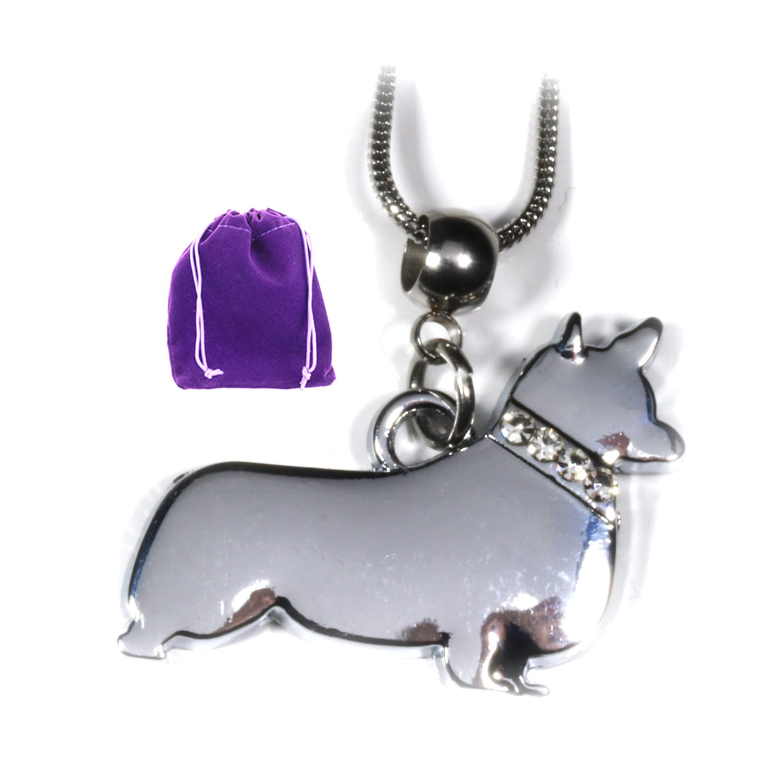 Silver corgi charm with purple velvet gift bag