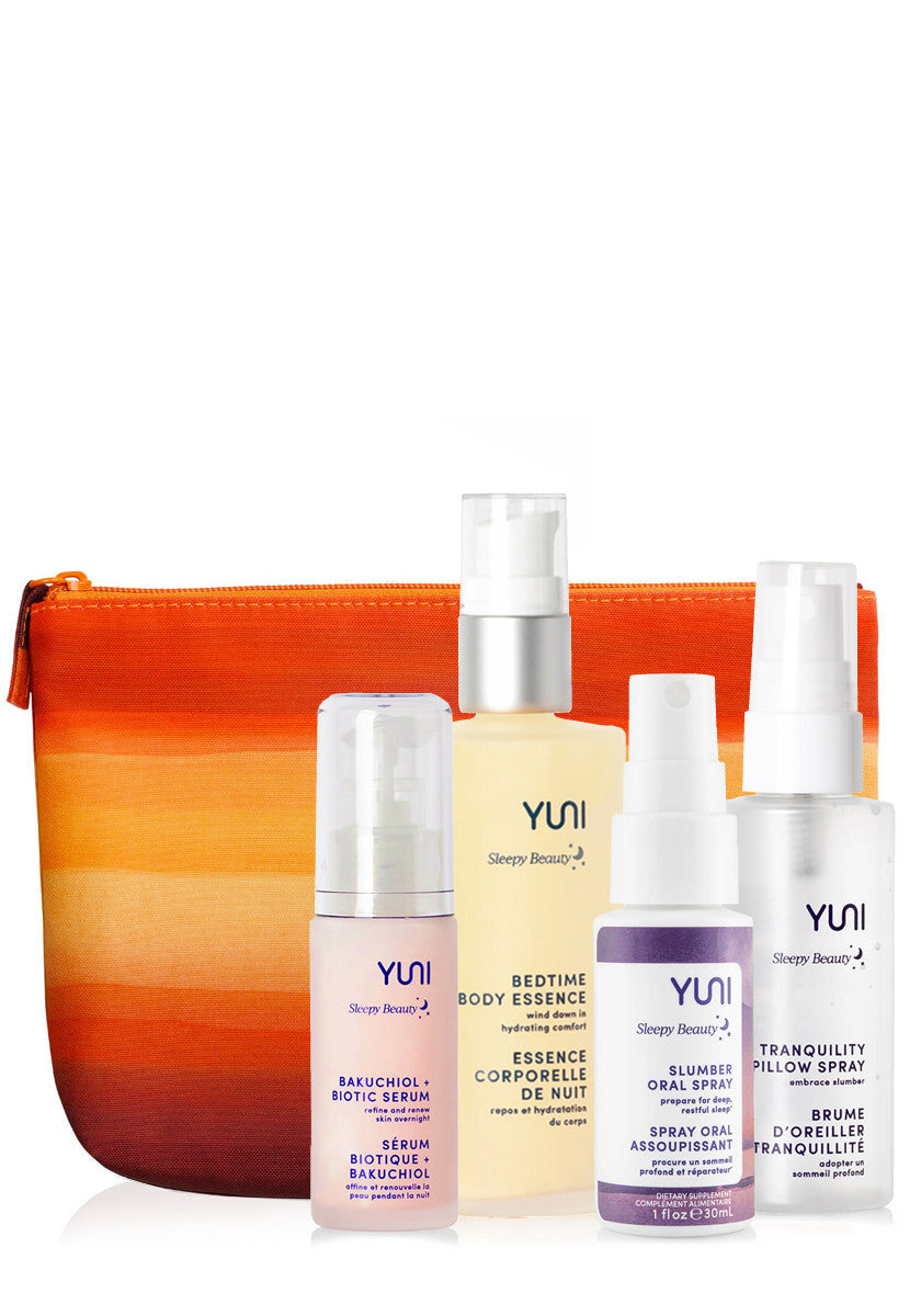 Serum, body essence, oral spray and pillow spray with orange travel bag.