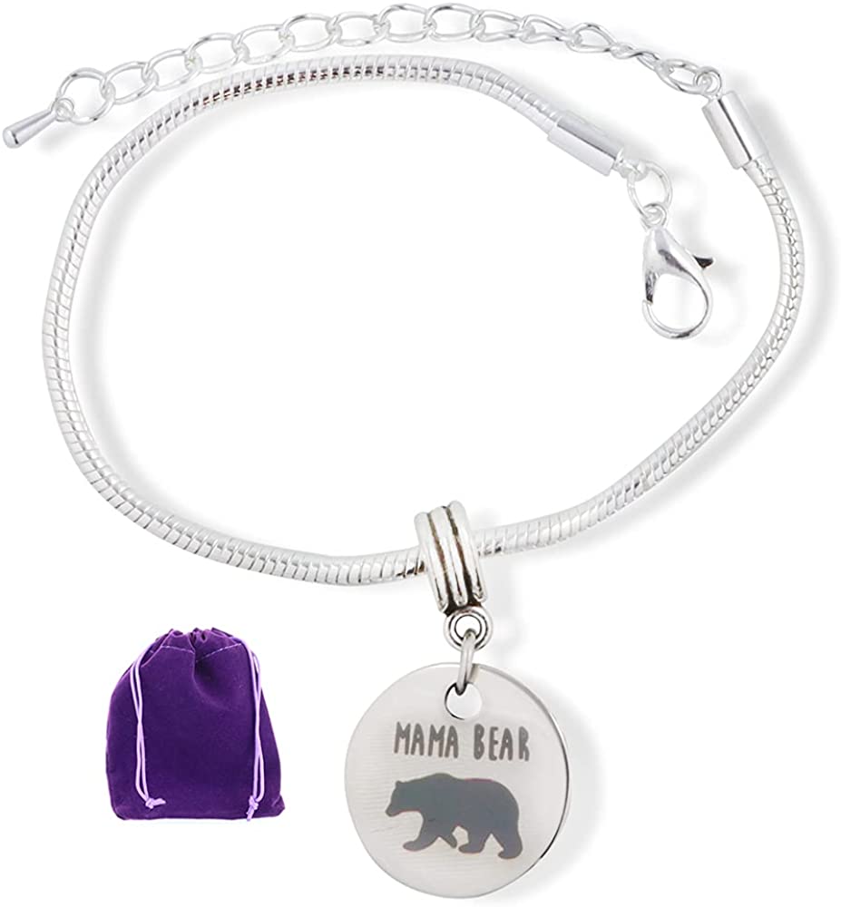 Mama Bear Bracelet | Mother Bear Stainless Steel Snake Chain Charm Bracelet-0