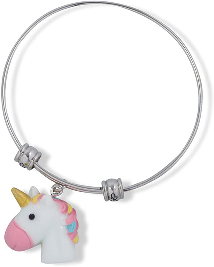 3D White Head Unicorn with Pink Nose Gold Horn Multi Colour Mane Fancy Charm Bangle-0