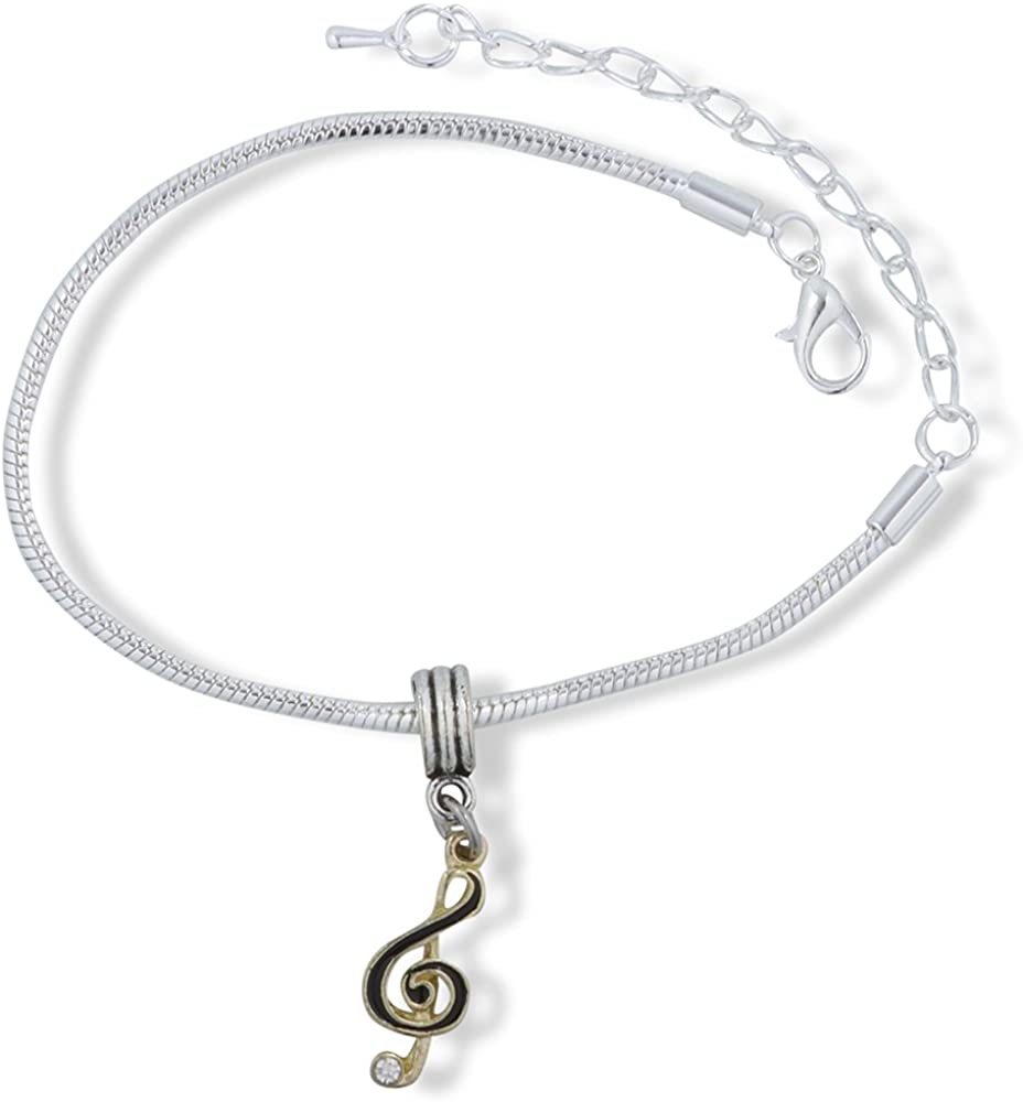 Treble Clef Music Symbol Black on Gold Colour Snake Chain Charm Bracelet-0