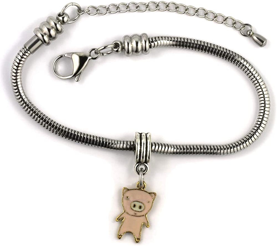 Dave The Bunny Pig Bracelet | Pink Pig Stainless Steel Snake Chain Bracelet-0