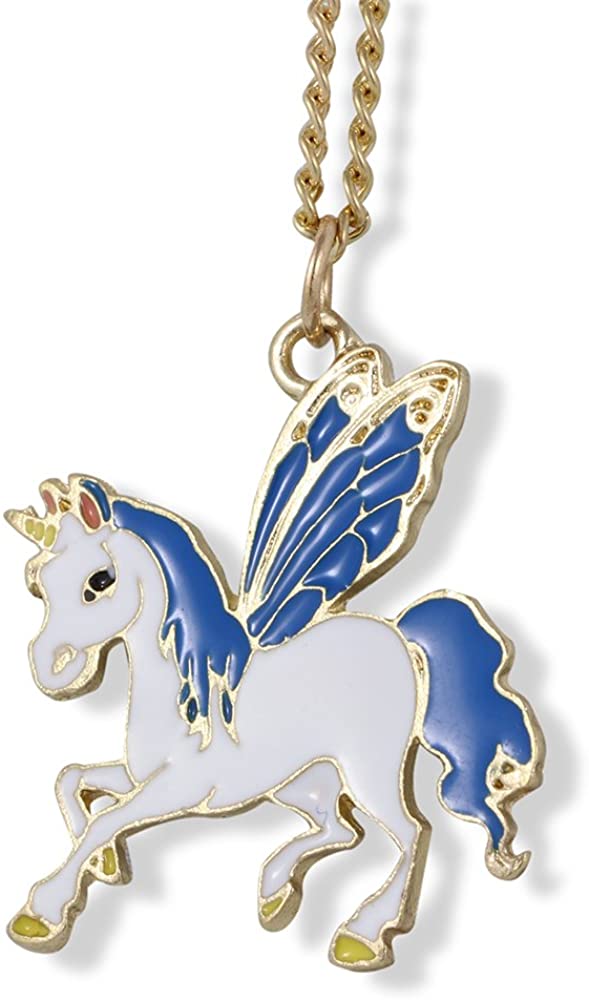 Emerald Park Jewelry Allicorn White with Blue Wings Mane and Tail Charm on Gold Coloured Chain Necklace-0