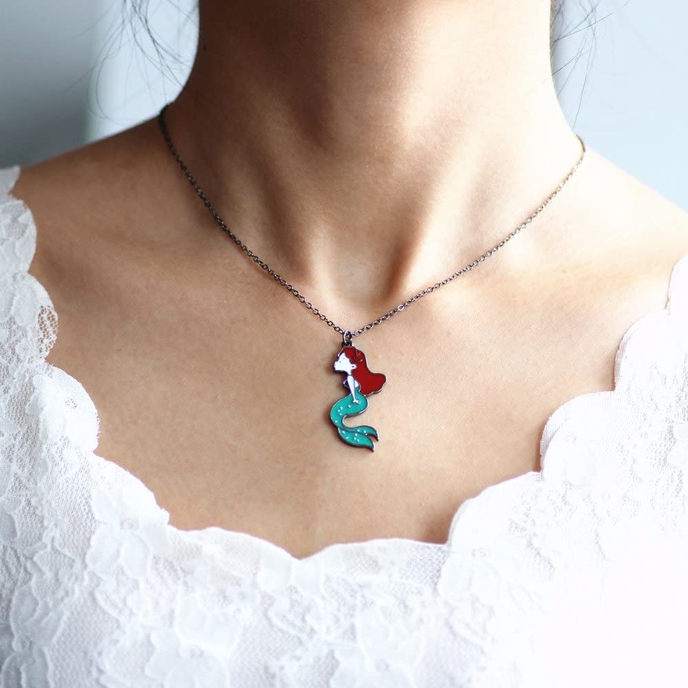 Mermaid with Red Hair Green Tail Charm Necklace-1