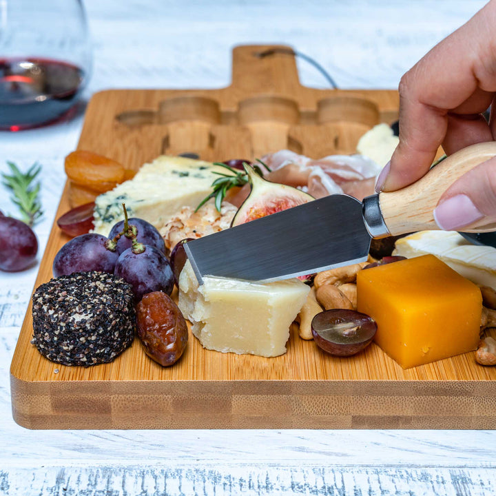 Bamboo Cheese Board and Knife Set - 12x8 inch Charcuterie Board with Magnetic Cutlery Storage - Wood Serving Tray with Handle-8