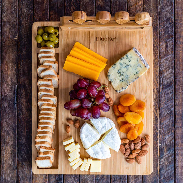 Bamboo Cheese Board and Knife Set - 14x11 inch Charcuterie Board with 4 Cheese Knives - Wood Serving Tray-8