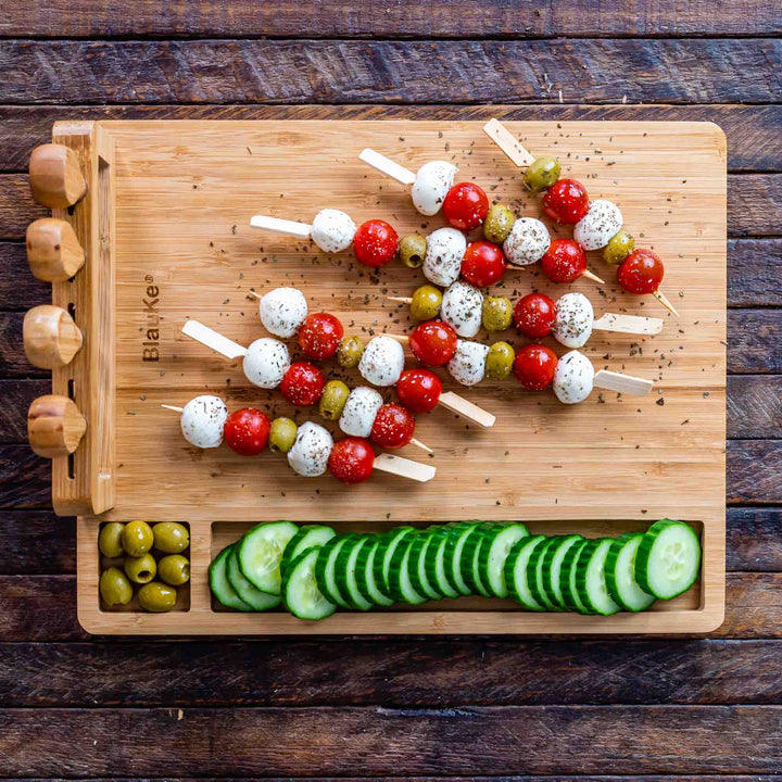 Bamboo Cheese Board and Knife Set - 14x11 inch Charcuterie Board with 4 Cheese Knives - Wood Serving Tray-7