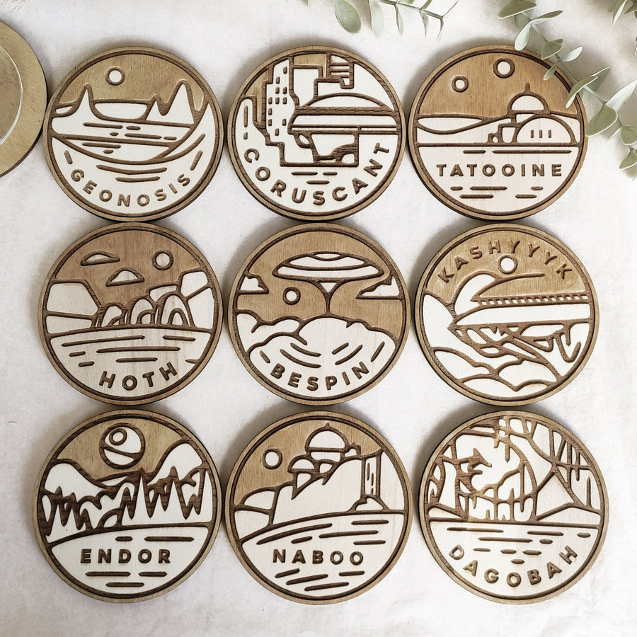 Set of 9 Star Wars Planets Wooden Coasters - Handmade Gift - Housewarming - Wood Kitchenware-0