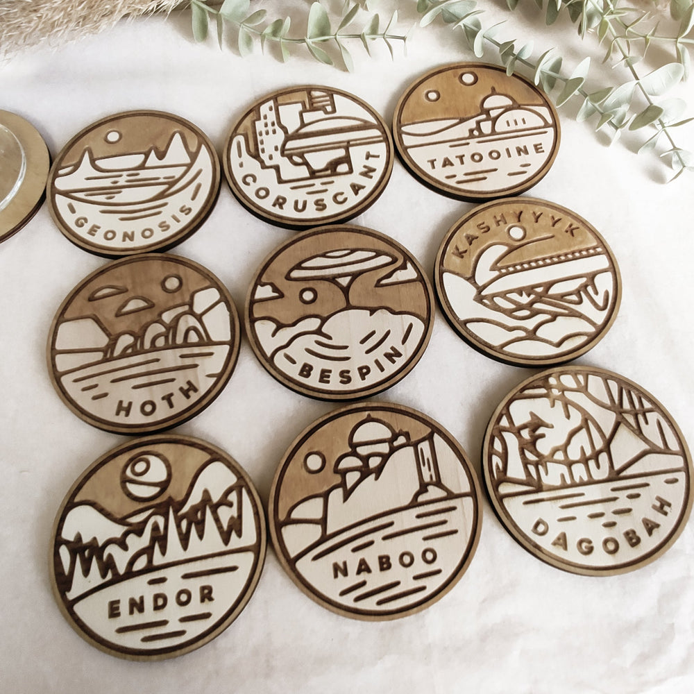 Set of 9 Star Wars Planets Wooden Coasters - Handmade Gift - Housewarming - Wood Kitchenware-1