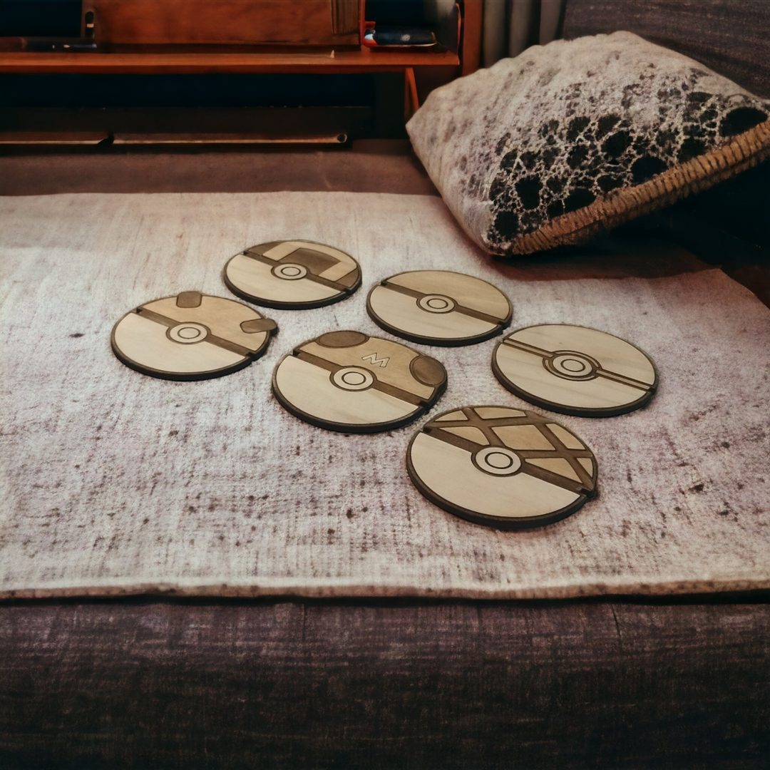 Set of 6 Pokeball Wooden Coasters - Handmade Gift - Housewarming - Wood Kitchenware-8