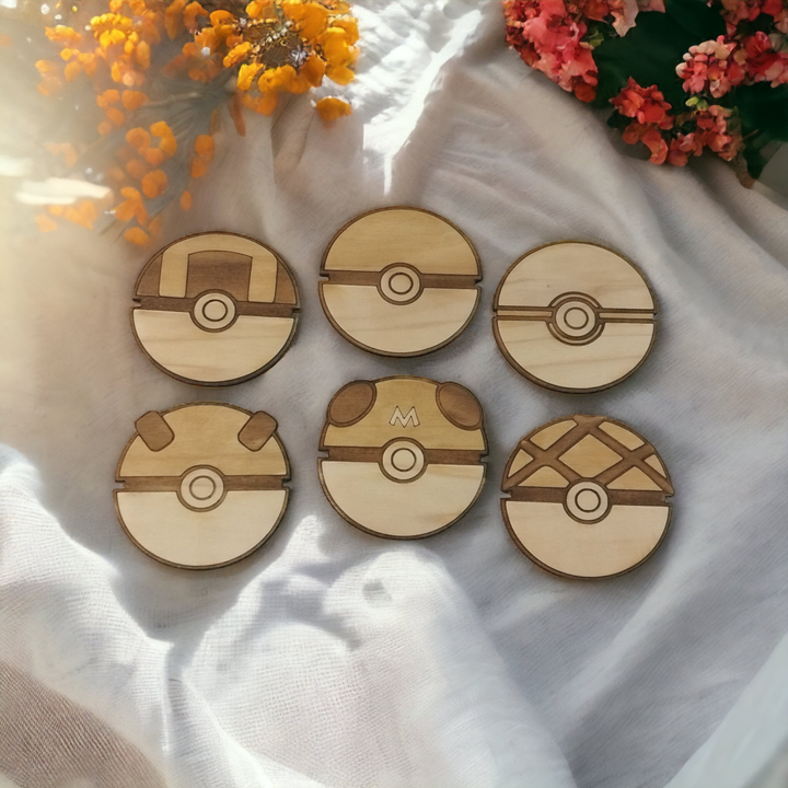 Set of 6 Pokeball Wooden Coasters - Handmade Gift - Housewarming - Wood Kitchenware-0