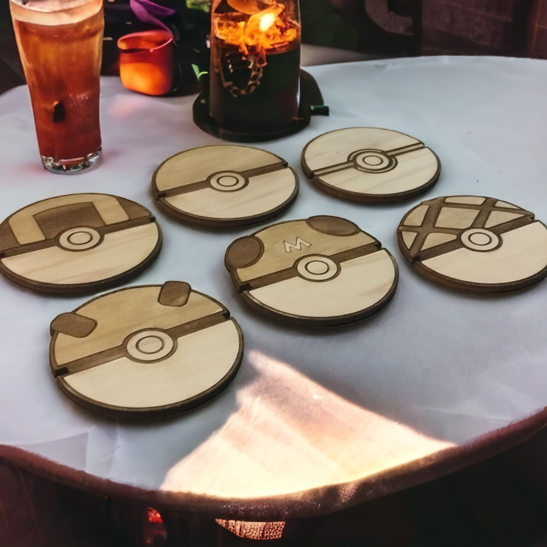 Set of 6 Pokeball Wooden Coasters - Handmade Gift - Housewarming - Wood Kitchenware-7