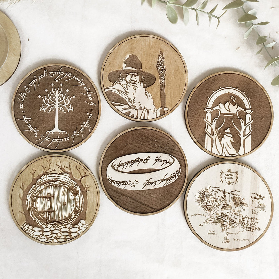 Set of 6 Lord of The Rings Wooden Coasters - Handmade Gift - Housewarming - Wood Kitchenware - LOTR-0