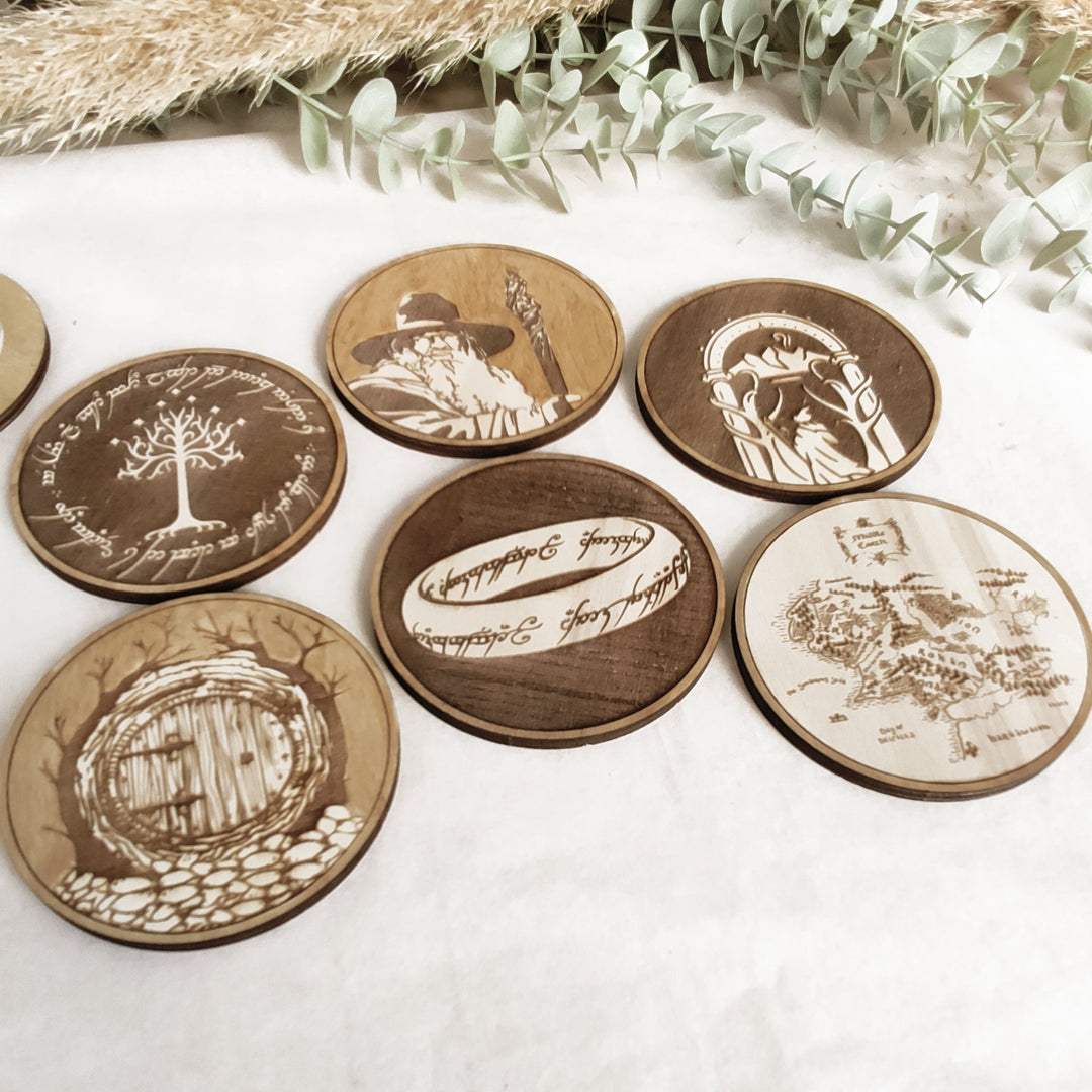 Set of 6 Lord of The Rings Wooden Coasters - Handmade Gift - Housewarming - Wood Kitchenware - LOTR-1