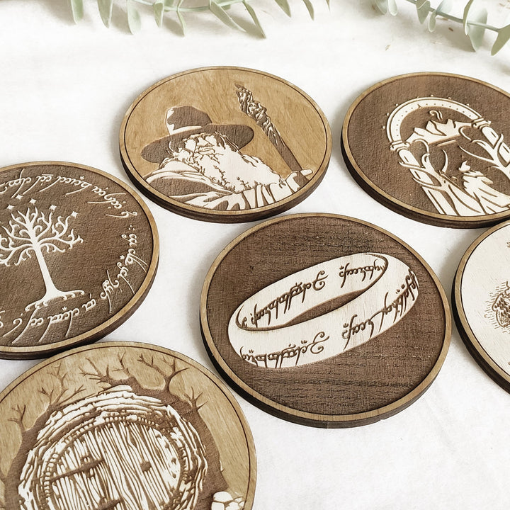 Set of 6 Lord of The Rings Wooden Coasters - Handmade Gift - Housewarming - Wood Kitchenware - LOTR-2