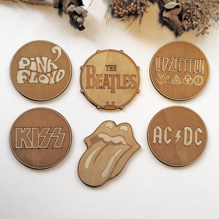 Set of 6 Rock Bands Wooden Coasters - Handmade Gift - Housewarming - Wood Kitchenware - Rock Band-0