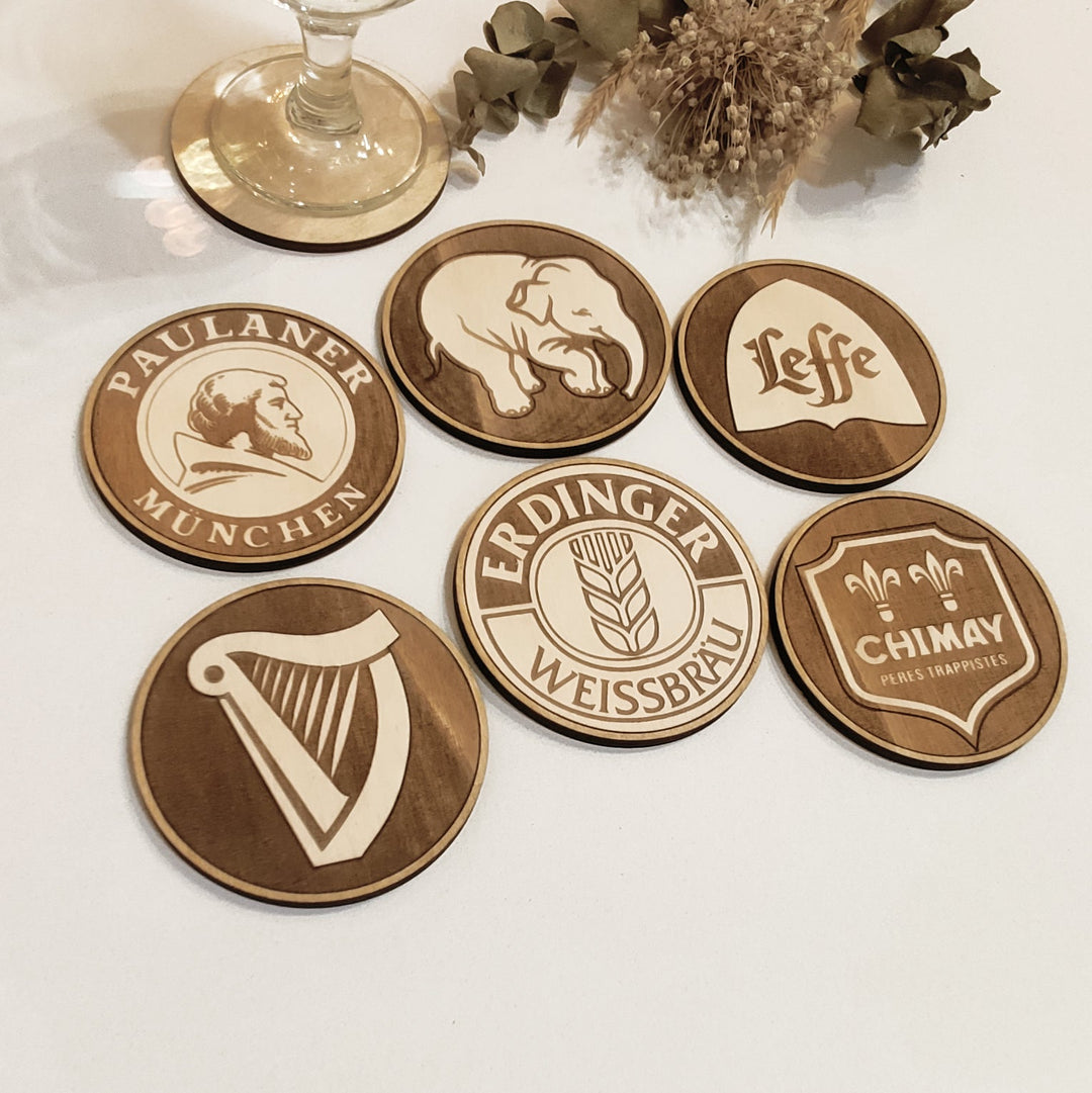 Set of 6 Beers Wooden Coasters - Handmade Gift - Housewarming - Wood Kitchenware-1