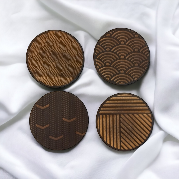 Set of 4 Black Geometric Wooden Coasters - Handmade Gift - Housewarming - Wood Kitchenware-0