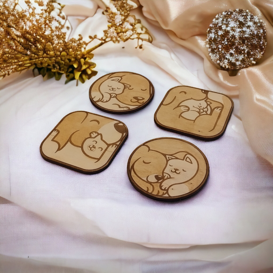 Set of 4 Dog and Cat Wooden Coasters - Handmade Gift - Housewarming - Wood Kitchenware-6