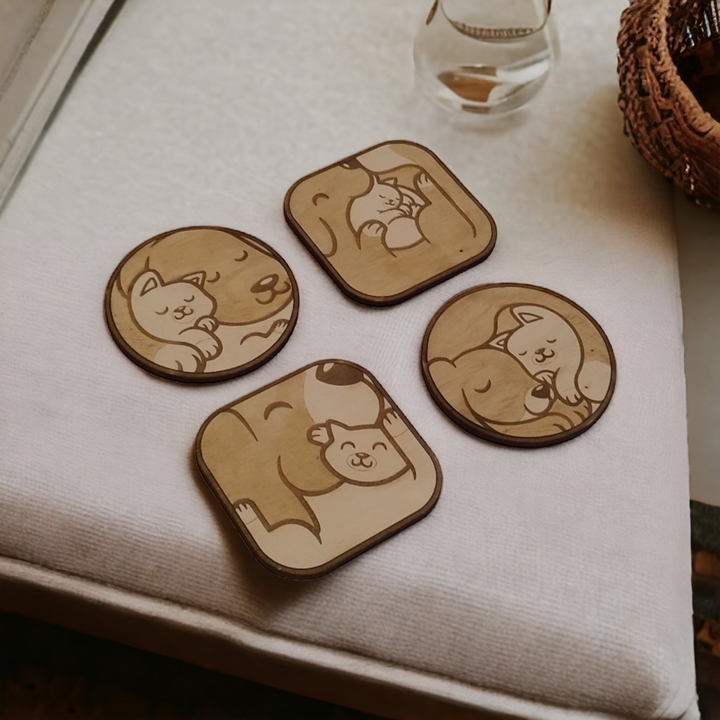 Set of 4 Dog and Cat Wooden Coasters - Handmade Gift - Housewarming - Wood Kitchenware-8