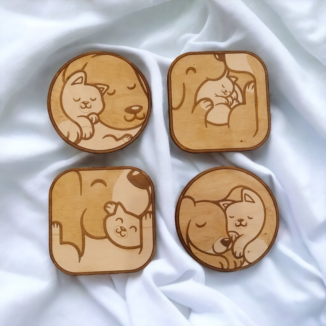 Set of 4 Dog and Cat Wooden Coasters - Handmade Gift - Housewarming - Wood Kitchenware-0