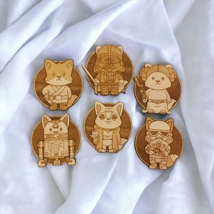 Set of 6 Star Wars Cat Wooden Coasters - Handmade Gift - Housewarming - Wood Kitchenware - Baby Yoda - The Mandalorian-0