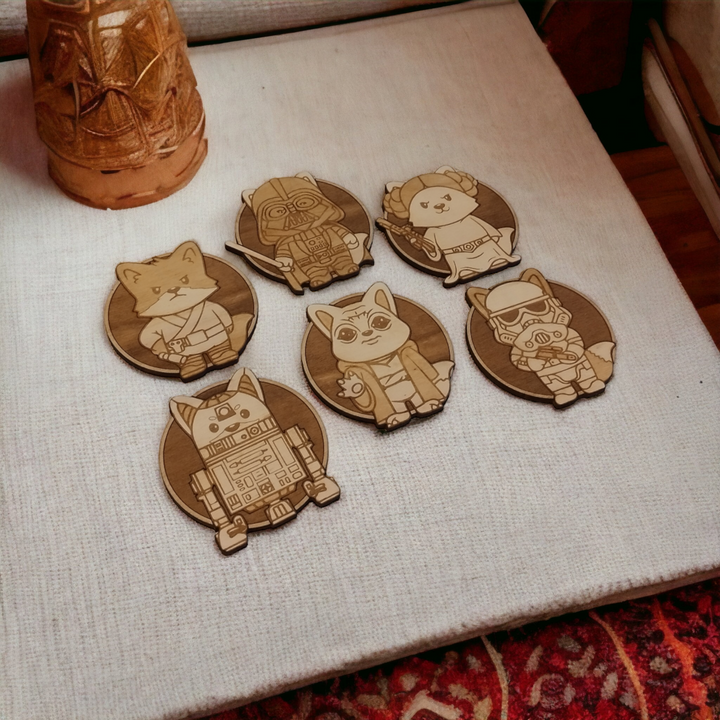 Set of 6 Star Wars Cat Wooden Coasters - Handmade Gift - Housewarming - Wood Kitchenware - Baby Yoda - The Mandalorian-8