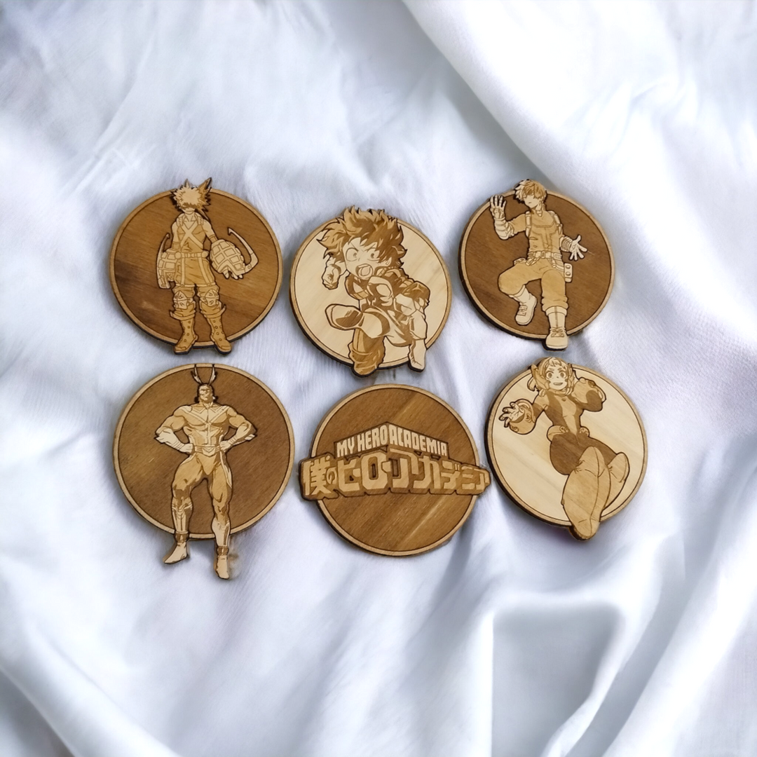 Set of 6 My Hero Academy Wooden Coasters - Handmade Gift - Housewarming - Wood Kitchenware-0