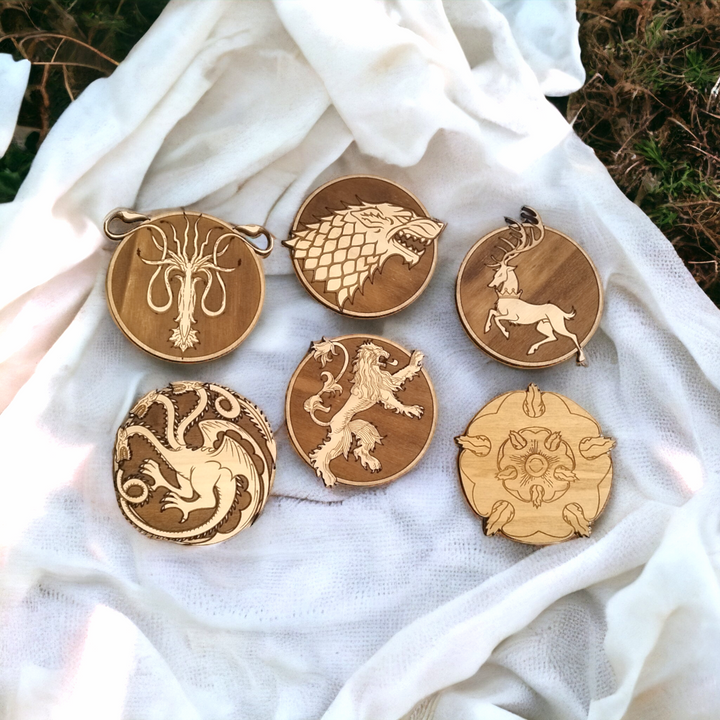 Set of 6 Game of Thrones Houses Wooden Coasters - Handmade Gift - Housewarming - Wood Kitchenware-0