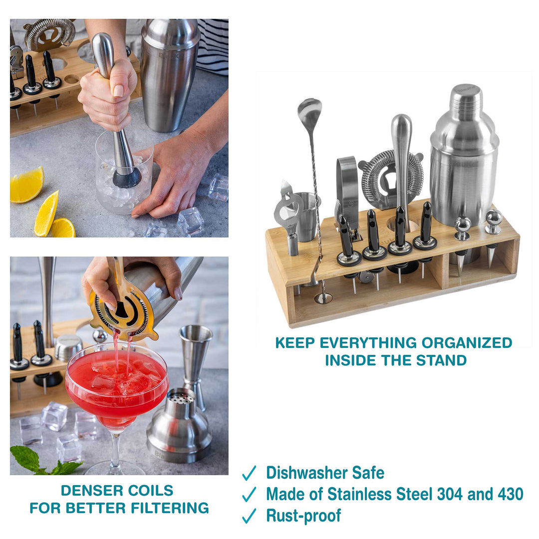 Stainless Steel Cocktail Shaker Set with Stand - 17-Piece Mixology Bartender Kit, Bar Set - 25oz Martini Shaker, Jigger, Strainer, Muddler, Mixing Spoon-14