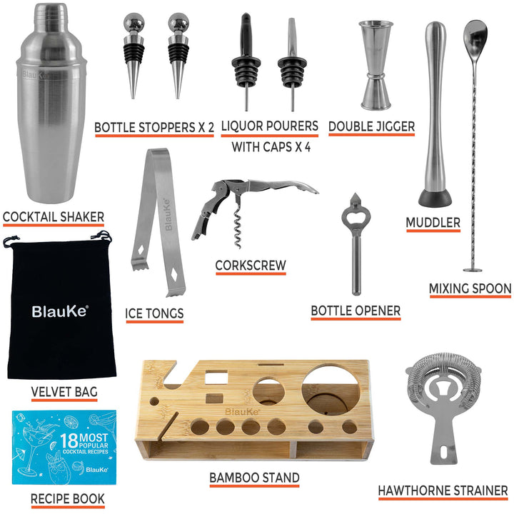 Stainless Steel Cocktail Shaker Set with Stand - 17-Piece Mixology Bartender Kit, Bar Set - 25oz Martini Shaker, Jigger, Strainer, Muddler, Mixing Spoon-2