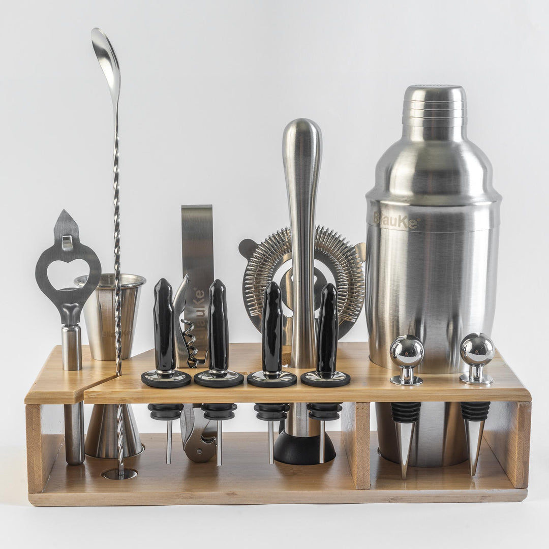 Stainless Steel Cocktail Shaker Set with Stand - 17-Piece Mixology Bartender Kit, Bar Set - 25oz Martini Shaker, Jigger, Strainer, Muddler, Mixing Spoon-17