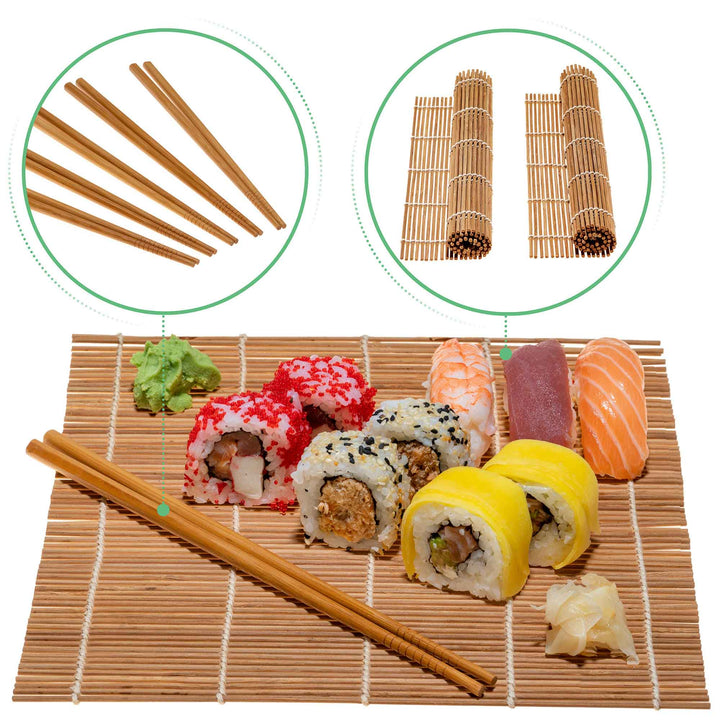 Bamboo Sushi Making Kit with 2 Sushi Rolling Mats, 5 Pairs of Reusable Bamboo Chopsticks, 1 Rice Paddle and 1 Spreader - Beginner Sushi Kit-4