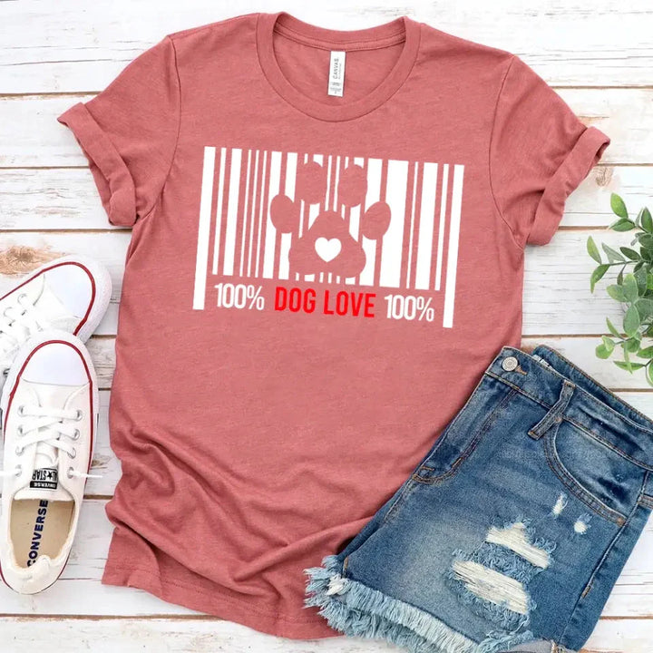 100% Dog Love Barcode With Paw Pet Lover Tee