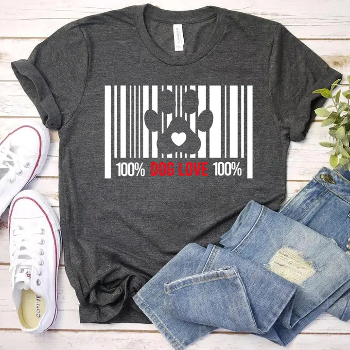 100% Dog Love Barcode With Paw Pet Lover Tee