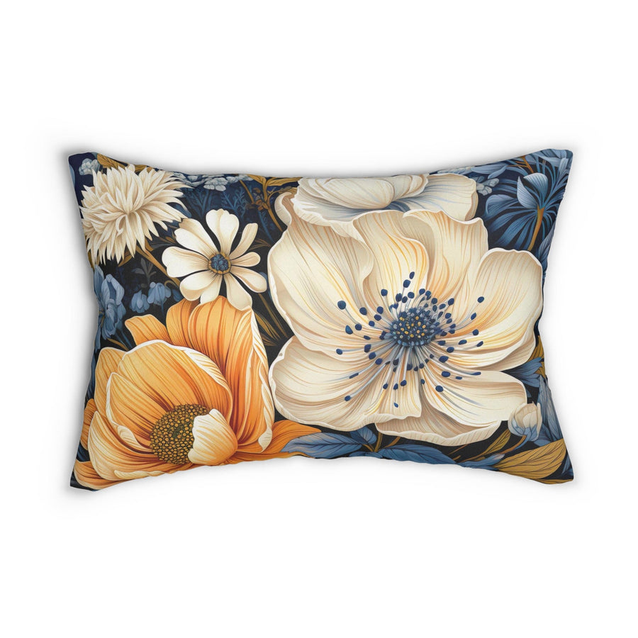 Decorative Lumbar Throw Pillow - Blue Floral Block Print Illustration-0