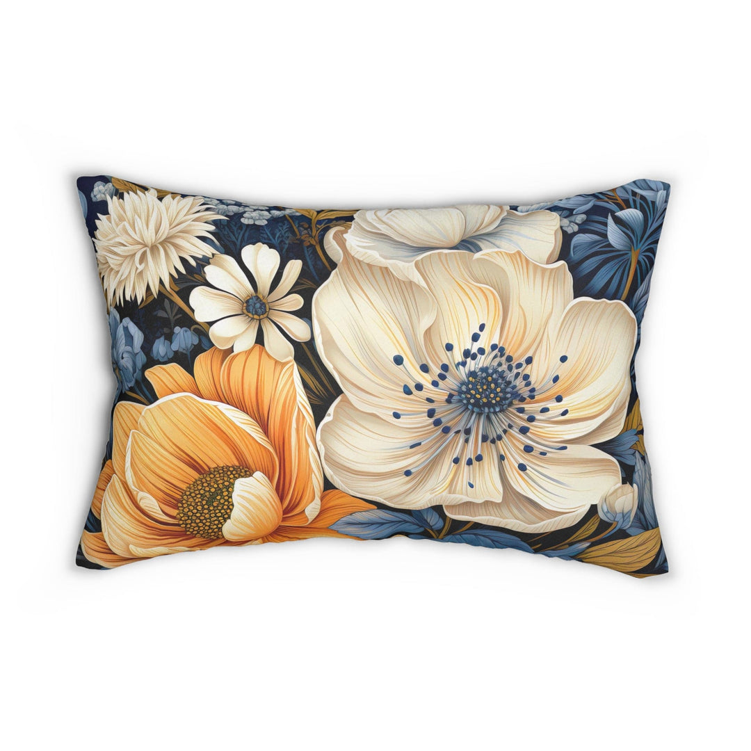 Decorative Lumbar Throw Pillow - Blue Floral Block Print Illustration-1