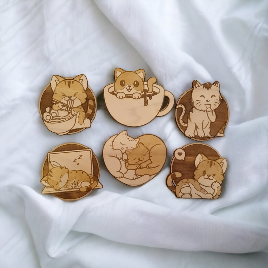 Set of 6 Cat Collection Wooden Coasters - Handmade Gift - Housewarming - Wood Kitchenware-0